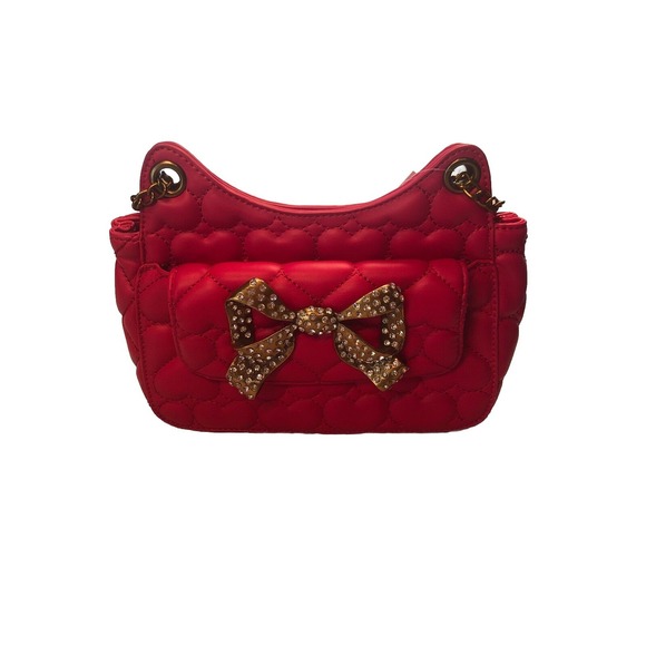 BETSEY JOHNSON Hot Pink Quilted Heart Detail Gold Rhinestone Bow CROSSBODY NEW - Picture 2 of 13